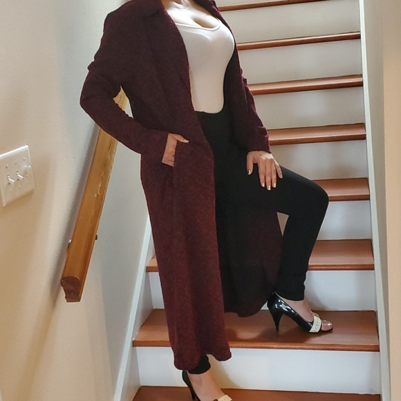 LOFT Jackets & Blazers - NWOT LOFT Blk Burgundy Boucle Duster Long Jacket